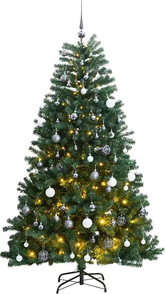 vidaXL csuklópántos műkarácsonyfa 300 LED-del és gömbökkel 210 cm