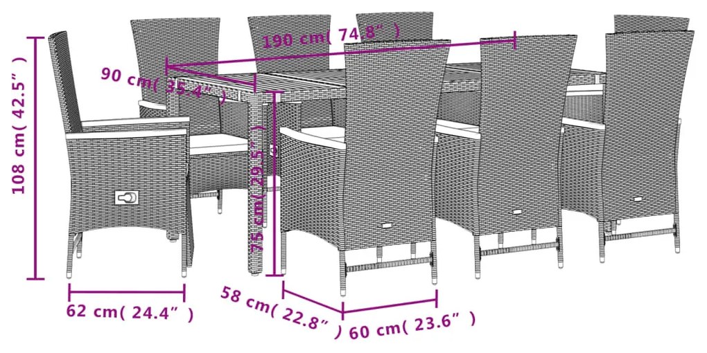 9 részes fekete polyrattan kerti étkezőgarnitúra párnákkal