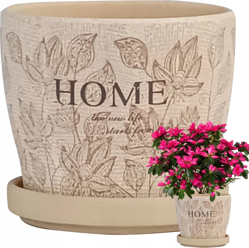 12x10 cm-es Kerámia Cserép Virágmintával, Alátéttel, Finom Bézs Színű