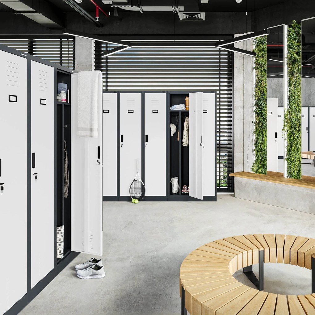 Pléh öltözőszekrény talpazaton, kétmodulos, polccal és köztes fallal KACPER, 800 x 1800 x 500 mm, antracit-fehér