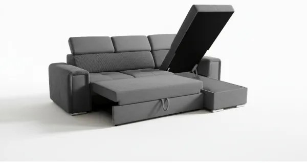 SALVADA univerzális L alakú, kihúzható sarokgarnitúra tárolóval, sötétszürke