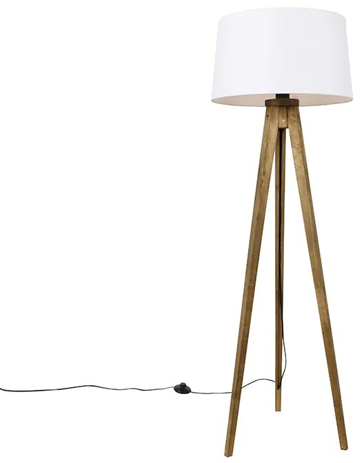 Rusztikus állványos vintage fa lámpa fehér vászon búrával 45 cm - Tripod Classic