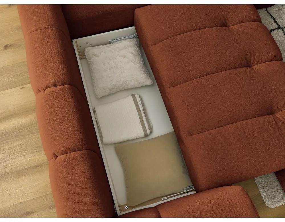 Téglavörös kinyitható-tárolóhelyes sarokkanapé (jobb oldali-L alakú) Fuji – Bobochic Paris