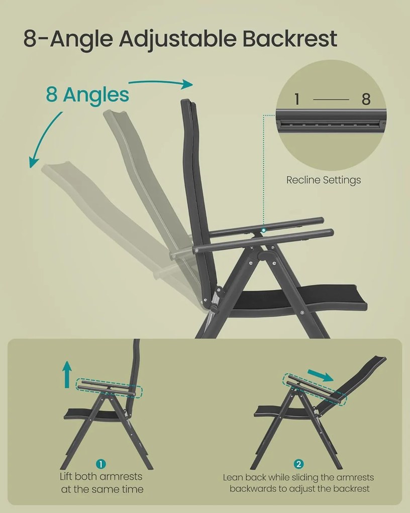 4 darabos összecsukható kerti székkészlet, 8-szögben dönthető háttámlával, max. székenként 150 kg teherbírás, fekete
