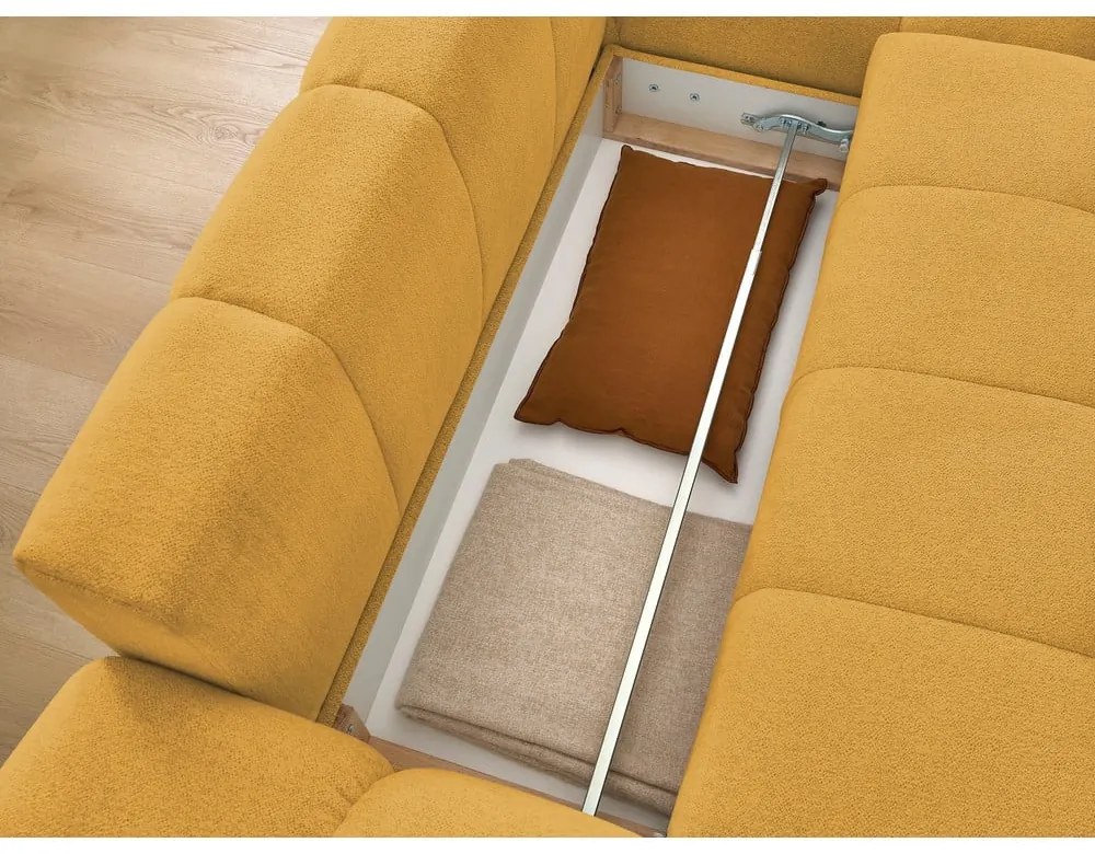 Mustársárga zsenília kinyitható-tárolóhelyes sarokkanapé (jobb oldali-heverő résszel) Everest – Bobochic Paris