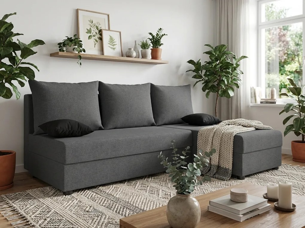 Ágyazható, kétoldalas L alakú kanapé VALERIO SLIM 200x140 cm, sötétszürke színű + 2 db díszpárna INGYEN