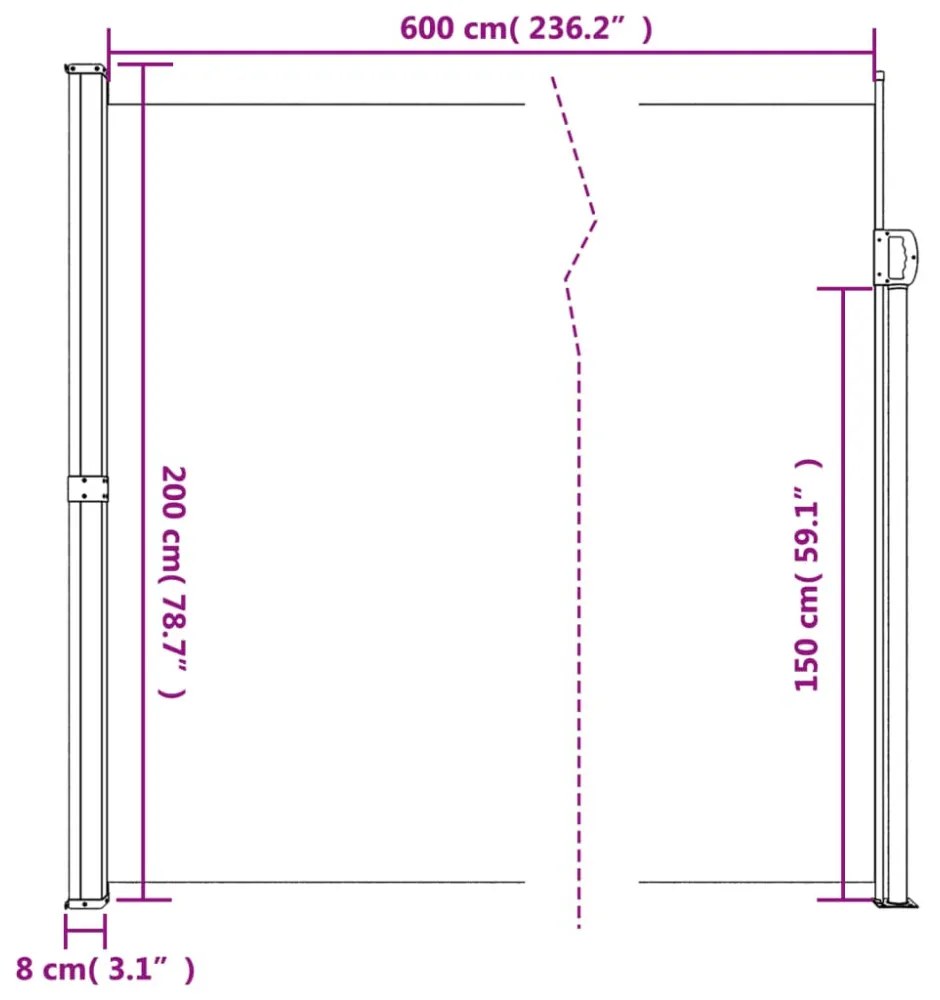 bézs behúzható oldalsó napellenző 200 x 600 cm