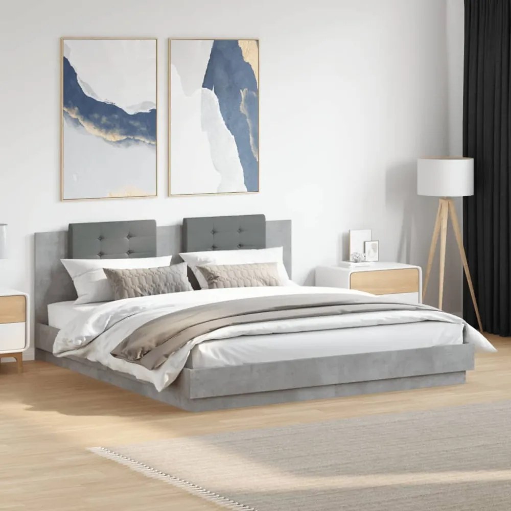 betonszürke ágykeret fejtámlával és LED-világítással 160x200 cm