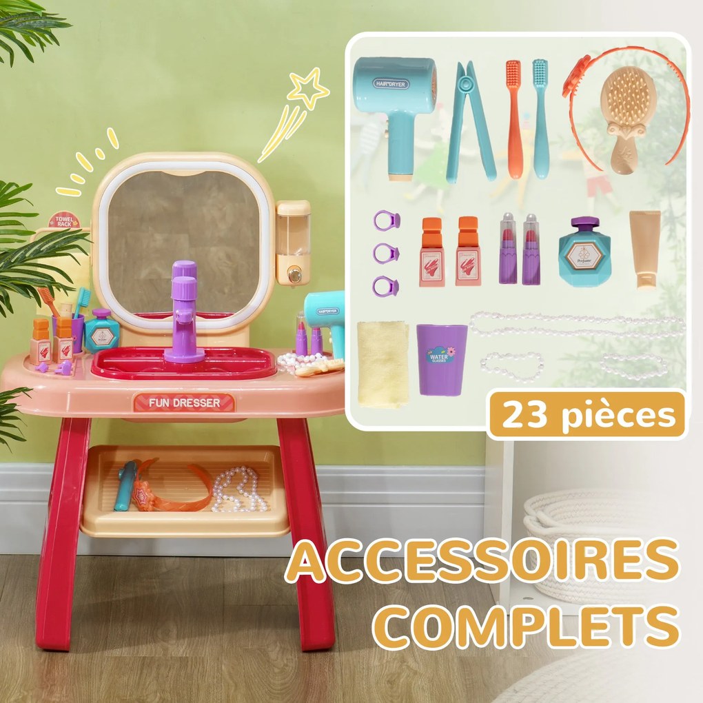 AIYAPLAY Gyermek Sminkasztal Készlet 23 Rész, LED Tükrös Asztal Fénnyel észenével, 3-6 Éves Gyermekeknek, Rózsaszín | Aosom