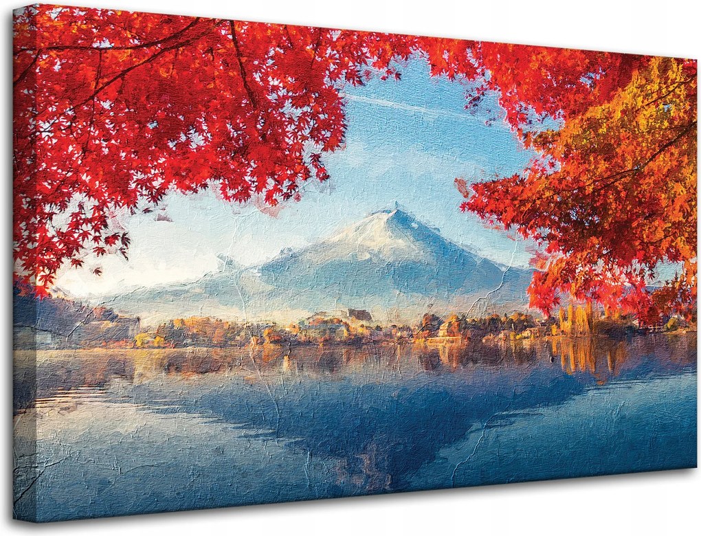 Vászonkép Színes levelek Város Hegy Víz 80x50 cm