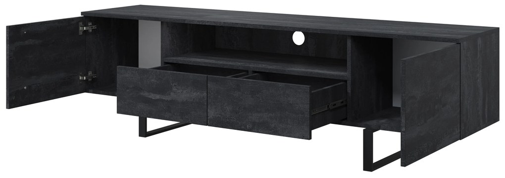 Verica 200 cm-es TV-szekrény nyitott polccal - szénfekete / fekete lábak
