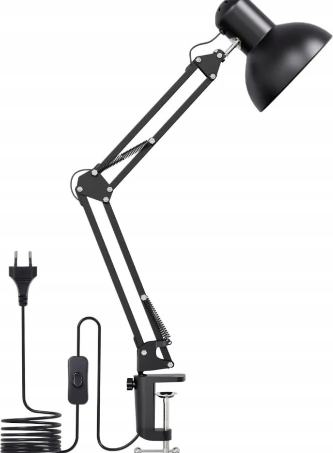 E27-es asztali lámpa kapoccsal, fekete, flexibilis, irodai és iskolai használatra
