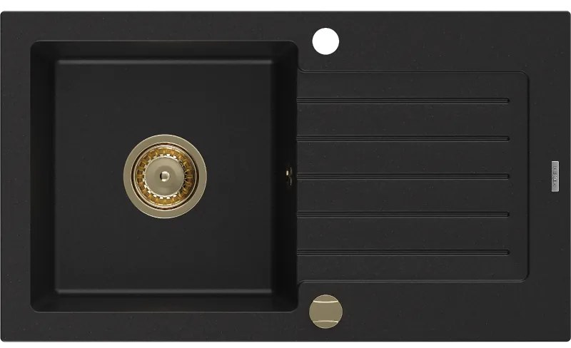 Mexen Pablo, gránit mosogató 752x436x161 mm, 1 kamrás, fekete, arany szifonnal, 6510751010-77-G
