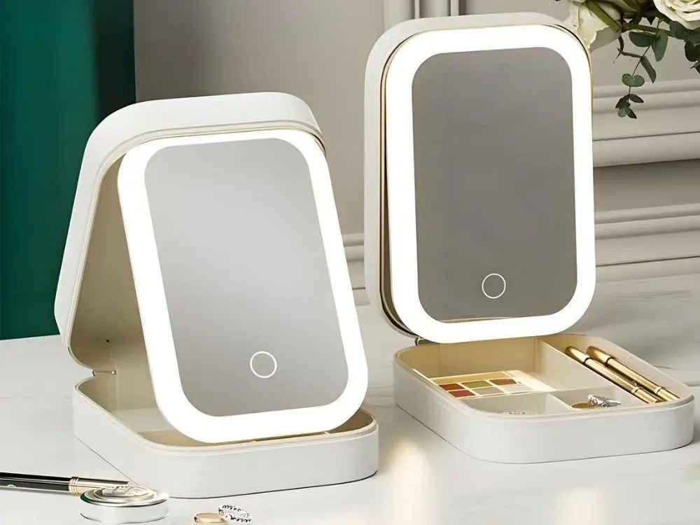 Utazó kozmetikai rendszerező beépített LED tükörrel és USB töltővel VERK - zöld