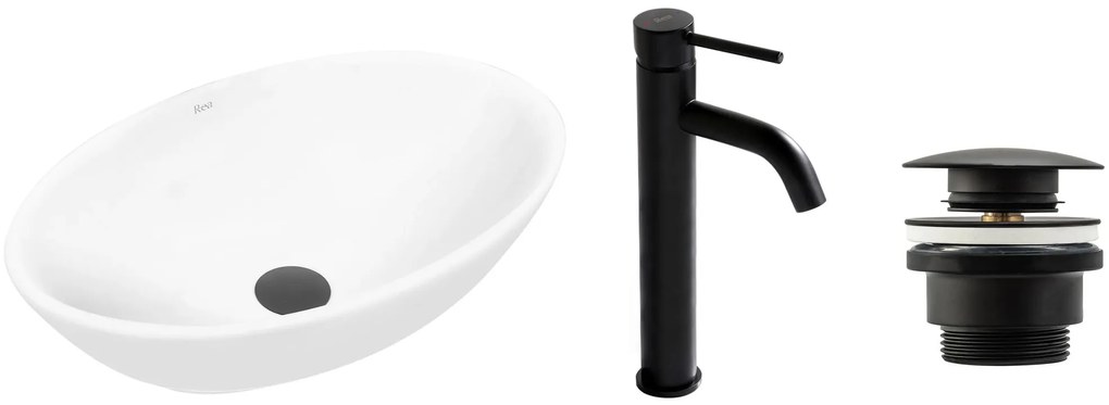 készlet Pultos mosdó Pamela white + Fürdőszobai csaptelep Lungo black matt + Dugó black matt