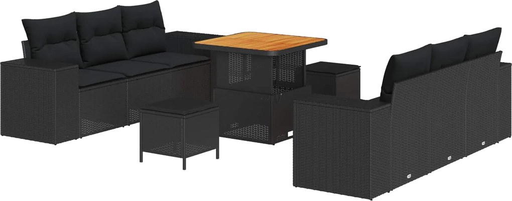 vidaXL Kerti Kanapé Szett párnával tárolóval 9 pcs Fekete Poly Rattan