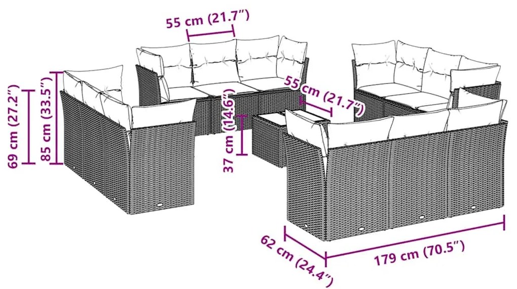 13 részes világosszürke polyrattan kerti ülőgarnitúra párnákkal
