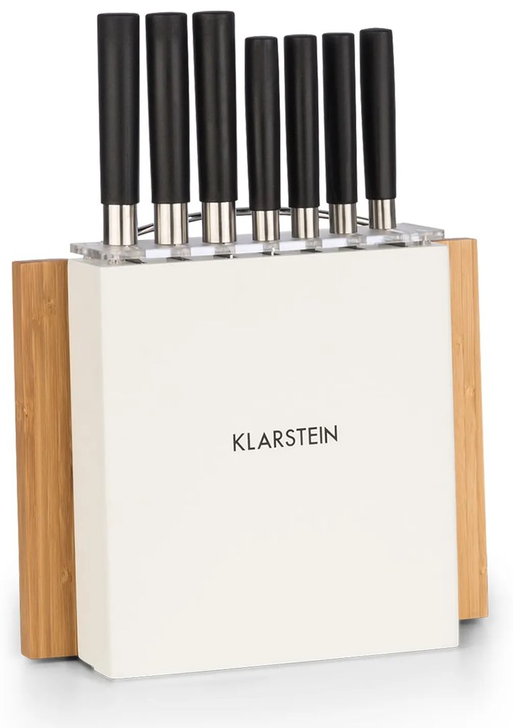 Klarstein Kitano Plus, késkészlet, 9 darabos, faállvány, bambusz vágódeszka, fehér