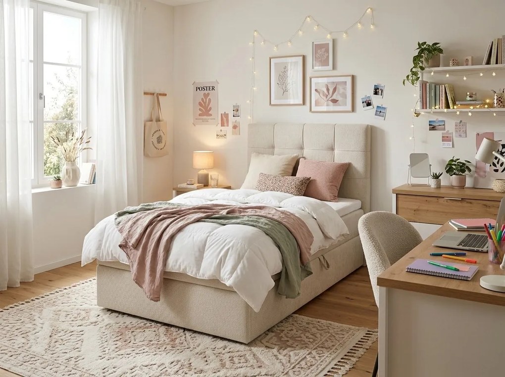 Kárpitozott boxspring ágy DIRELIS VIBE 90x200 cm krémszínű Matrac: Bonell rugós matrac