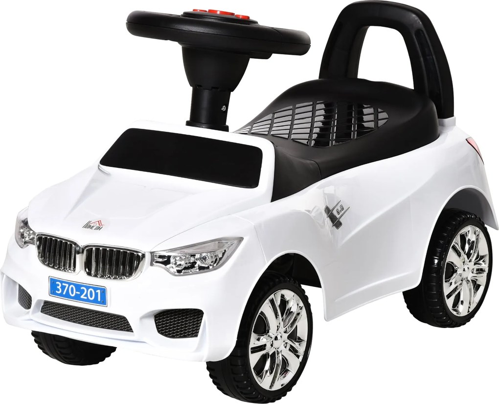 HOMCOM Gyerek Kisautó 18-36 Hónapos Kisdedeknek - Lámpákkal, Zenével, Patkókkal, Kormánykerékkel, Tárolóhellyel és Tolófogantyúval 63.5x28x36 cm Fehér