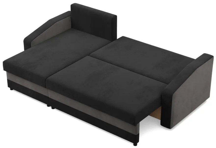 Hewlet sarokkanapé, 2 ágyneműtartóval, szövet anyag, univerzális oldal, bonell töltet, fekete - szürke