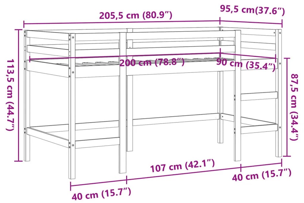 viaszbarna tömör fenyőfa gyerek galériaágy létrával 90 x 200 cm