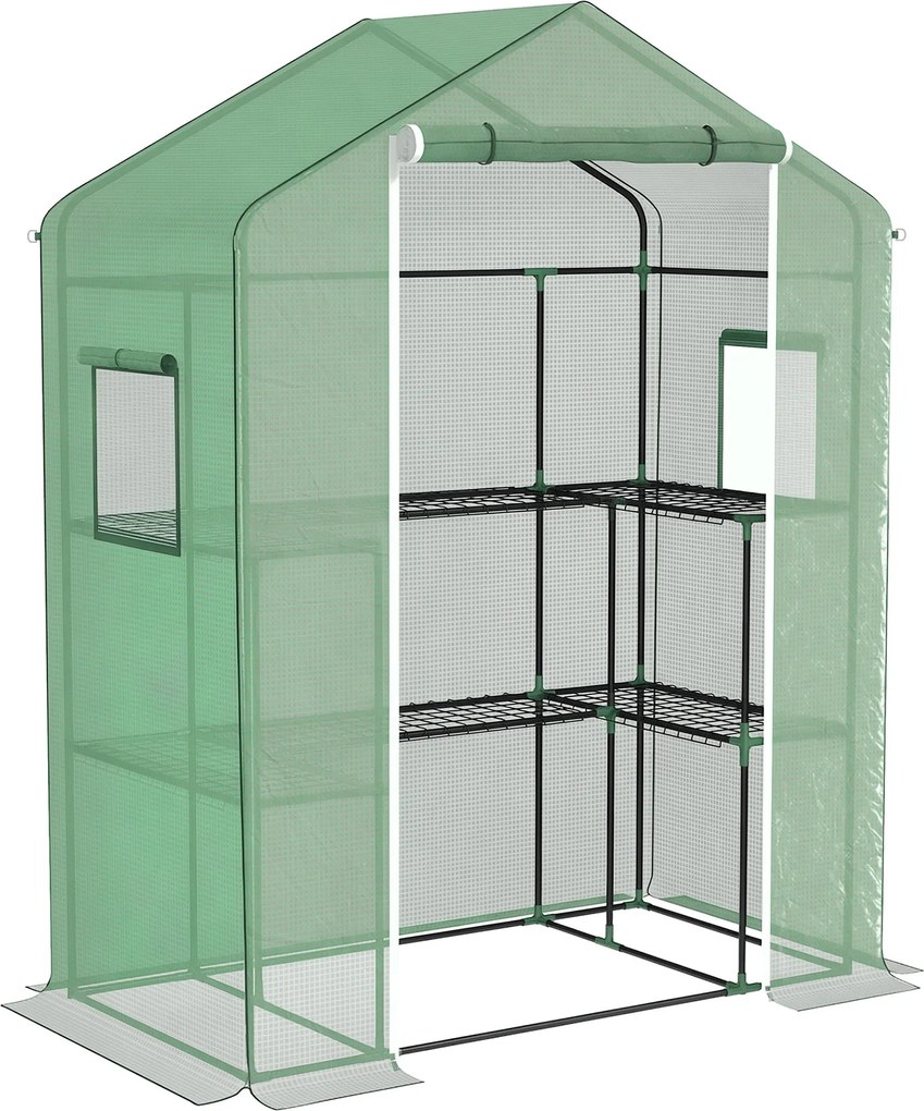 Outsunny Kültéri Üvegház 1 Rolós Ajtóval, 2 Ablakkal és U-Formájú 2-Szintes Polcokkal - Üvegház Növénytermesztéshez Teraszon 140x73x190 cm Zöld | Aoso