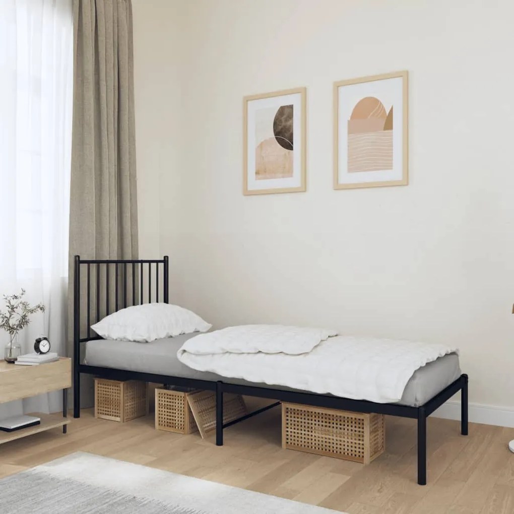 fekete fém ágykeret fejtámlával 75 x 190 cm