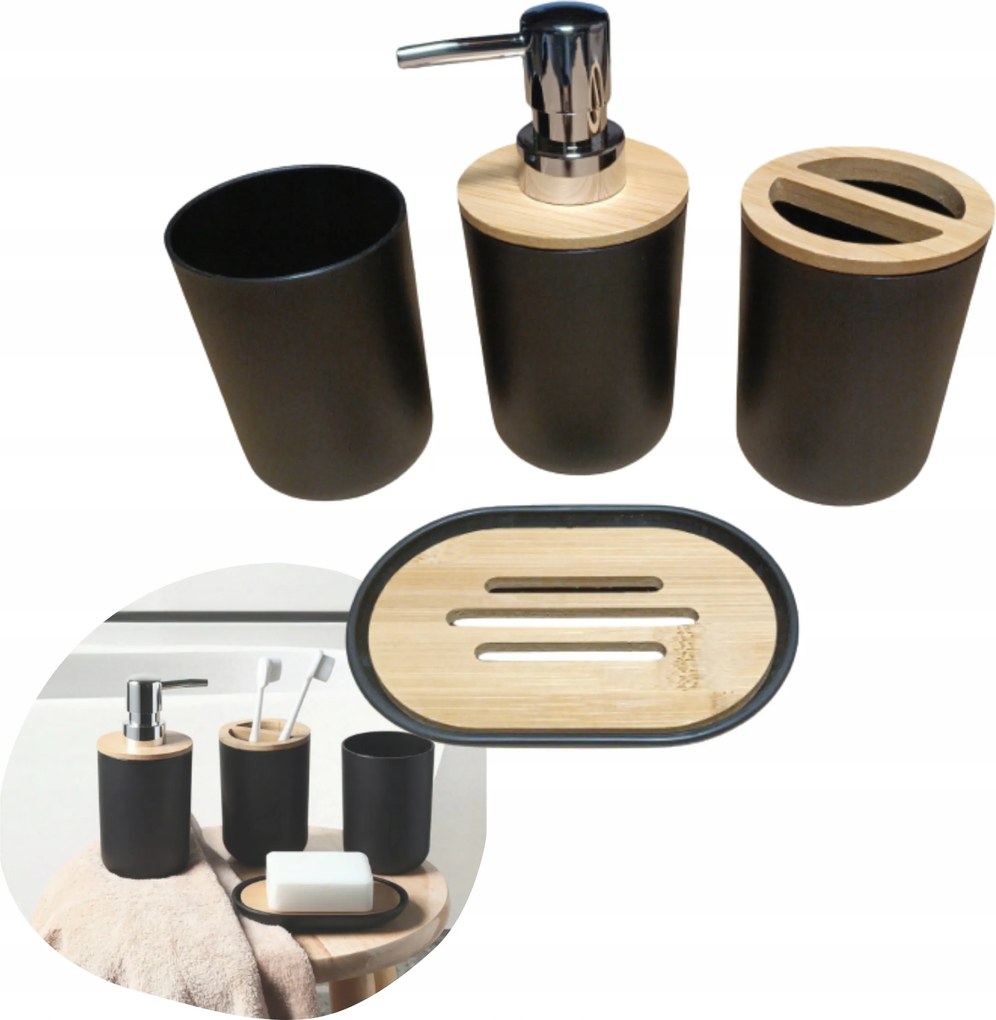 Fürdőszobai kiegészítők szett matt fekete bambusz 4 részes