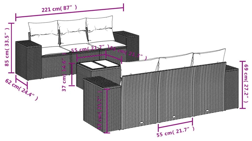 7 részes fekete polyrattan kerti ülőgarnitúra párnával