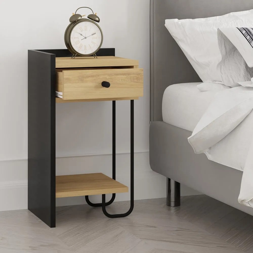 Fekete-natúr színű éjjeliszekrény tölgyfa dekorral Mercure – Marckeric