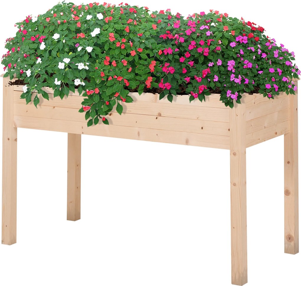 Outsunny Emelt Városi Kert Természetes Fa 122,5x56,5x76 cm Emelt ültetőasztal Nem szőtt anyaggal és 4 Drainázs Lyukkal Növényekhez, Virágokhoz, Konyha