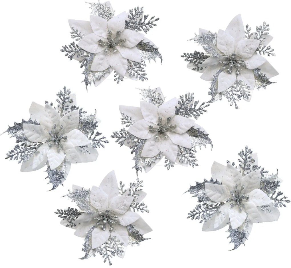 Karácsonyi dekoráció Poinsettiaszilvesztervirággal, ezüst, 6 darabos szett