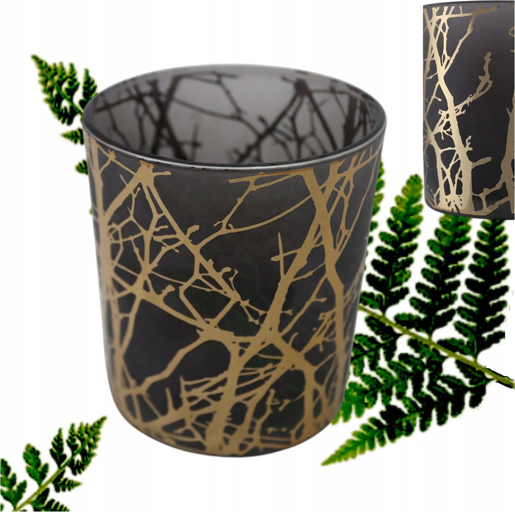 Gyertyatartó Üveg Szürke Arany Mintás Henger Dekoratív Tubus YQW8434-2S 8 x 7 cm