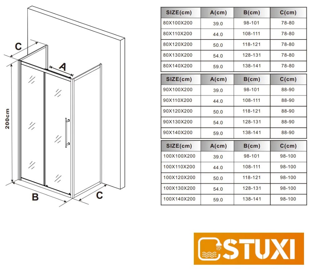 Stuxi Nizza Black 100x100 falsíkra szerelhető 3 oldalú tolóajtós zuhanykabin 6 mm vízlepergető biztonsági üveggel, fekete elemekkel, 200 cm magas