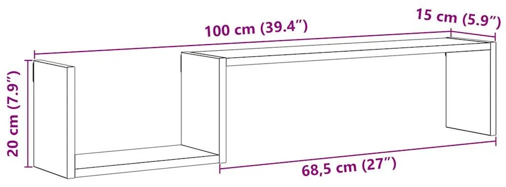 2 db antik fa színű szerelt fa fali polc 100 x 15 x 20 cm
