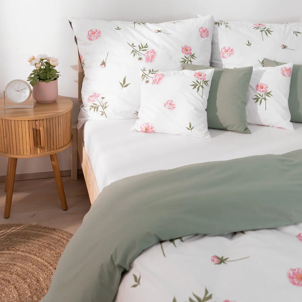 Pamut ágyneműhuzat Duo - Pünkösdi rózsamintás, zsálya színű hátoldal