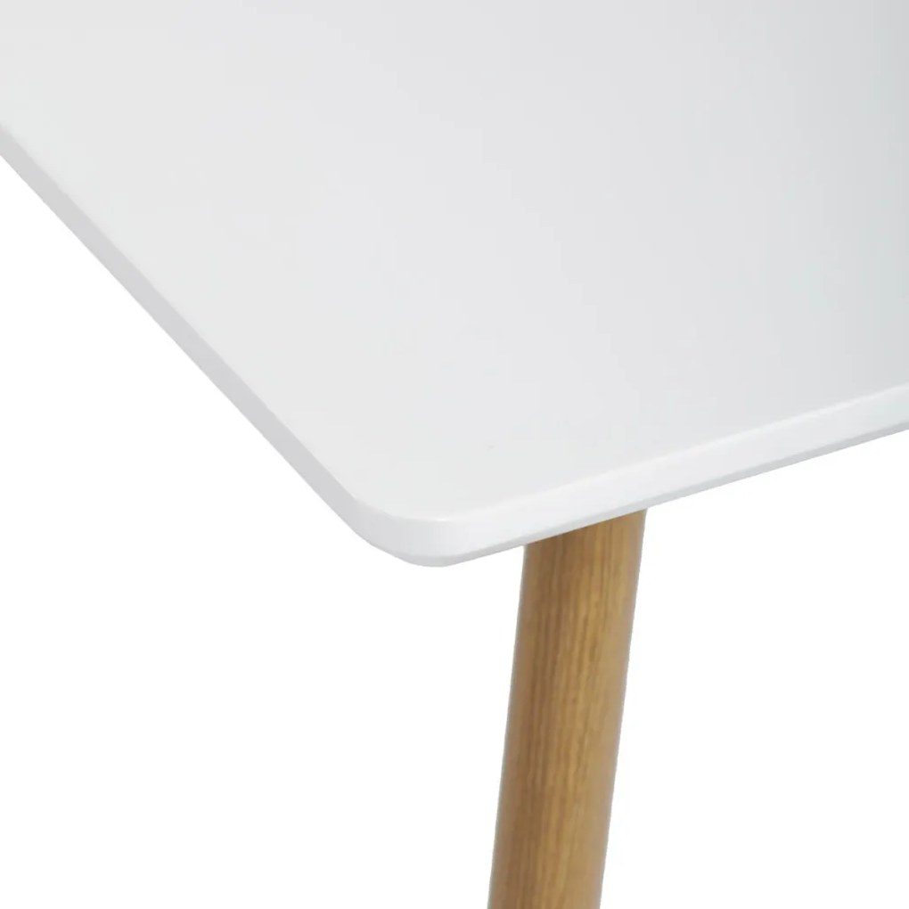 Masă de sufragerie 140x80, MDF, blat alb mat, picioare metalice de culoare stejar