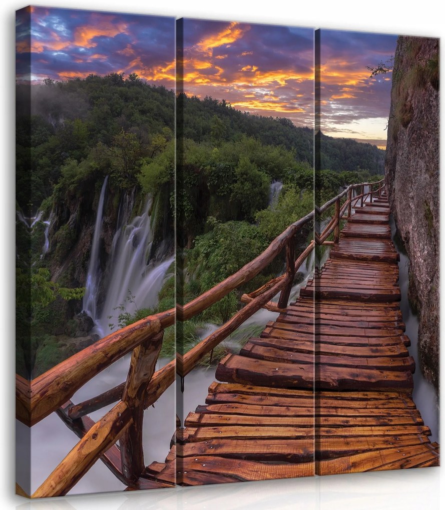 Vászonkép 90x100 Vízesés természet táj erdő fa ösvény nyugalom