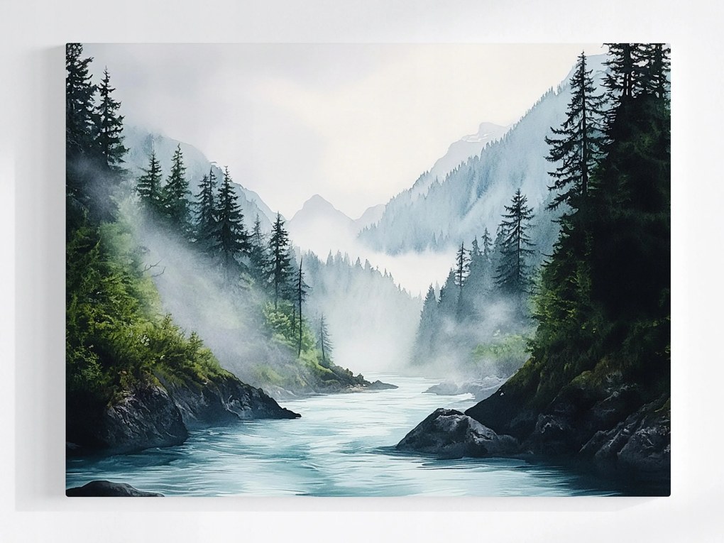 Poszter Tájkép Hegyek Erdő Fák Folyó Köd 100x75