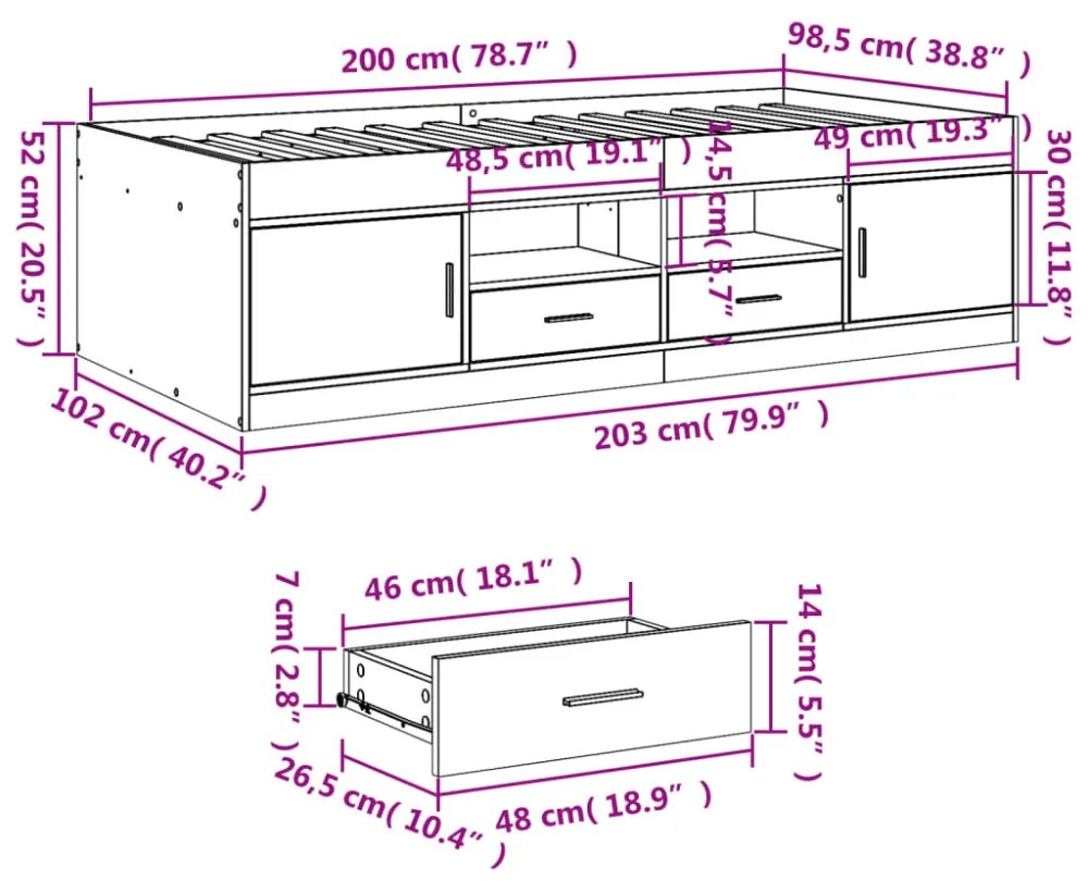 füstös tölgy kanapéágy fiókkal matrac nélkül 100x200 cm