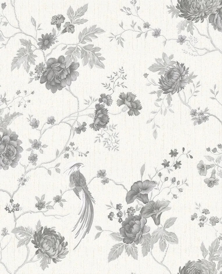 Tapéta Fehér Csillámos Minta Ezüst Virágok Madarak