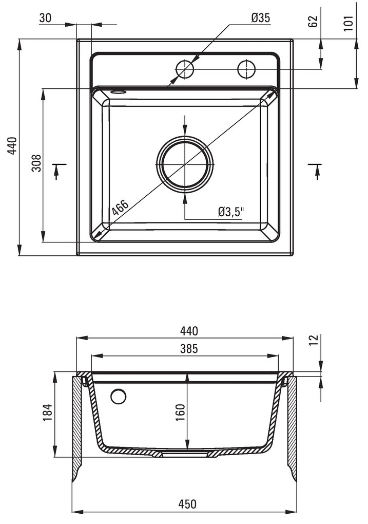 Deante Zorba, gránit mosogató 440x440x184 mm B / O, 3,5 "+ helytakarékos szifon, 1 kamrás, grafit fém, ZQZ_G103