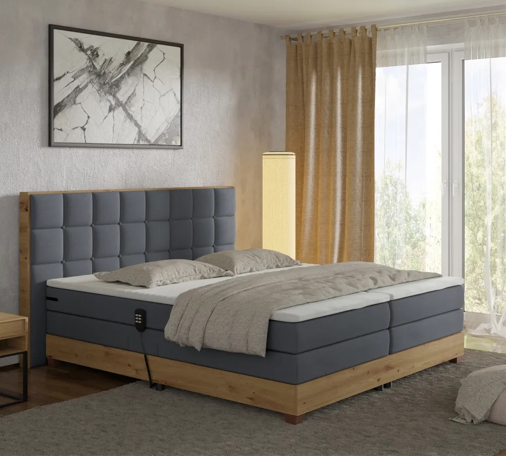 Elektromos állítható ágy, boxspring, sötétszürke/artisan tölgy, 180x200, TIANA