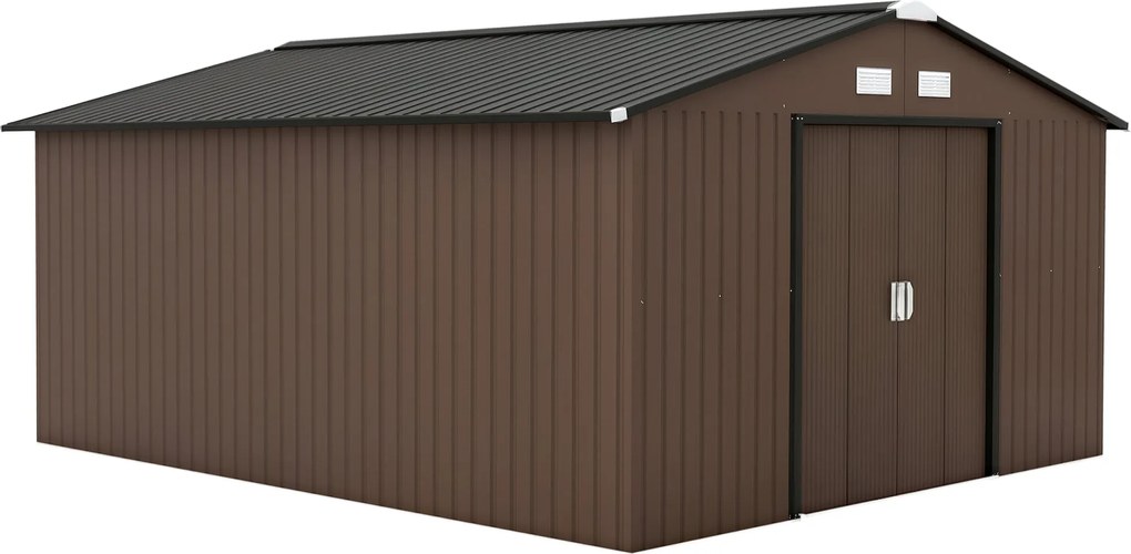 Outsunny 12.4 m²-es Kerti Szekrény, Tetőszerkezetű Kertesház, Csúszóajtó, Alapzat, 386 x 340 x 200 cm, Horganyzott Acélból Készült Tűzifa tároló, időj