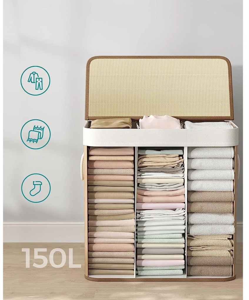 Bambusz szennyeskosár 3 rekesszel, fedéllel és fogantyúkkal, 150 literes