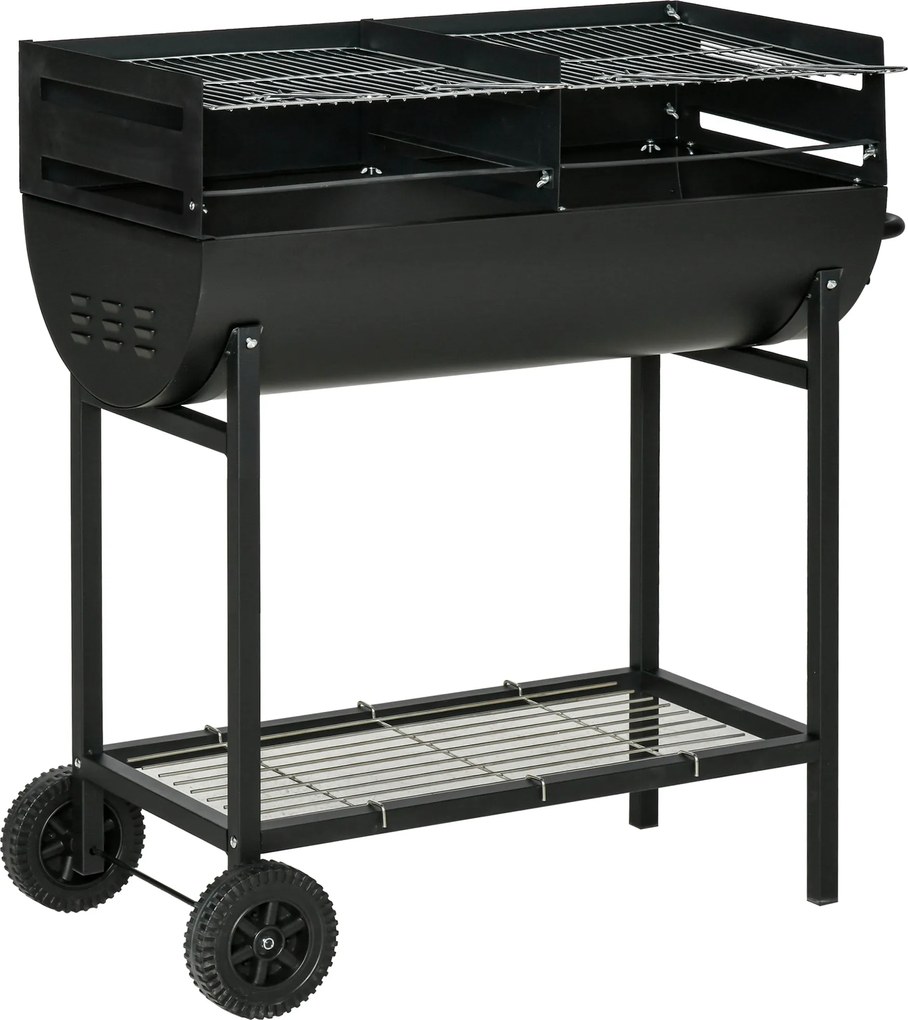 Outsunny Szén BBQ Állítható Magasságú Grill Kerti Hordozható BBQ Tároló Polccal és Kerekekkel 90x45x96 cm Fekete | Aosom