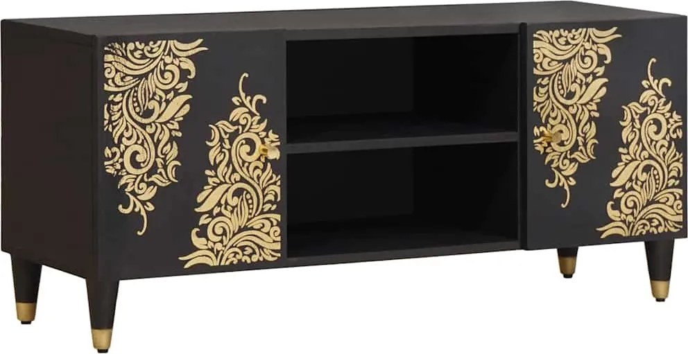 vidaXL TV szekrény polcokkal Fekete 105 x 33 x 46 cm Tömör Mangófát