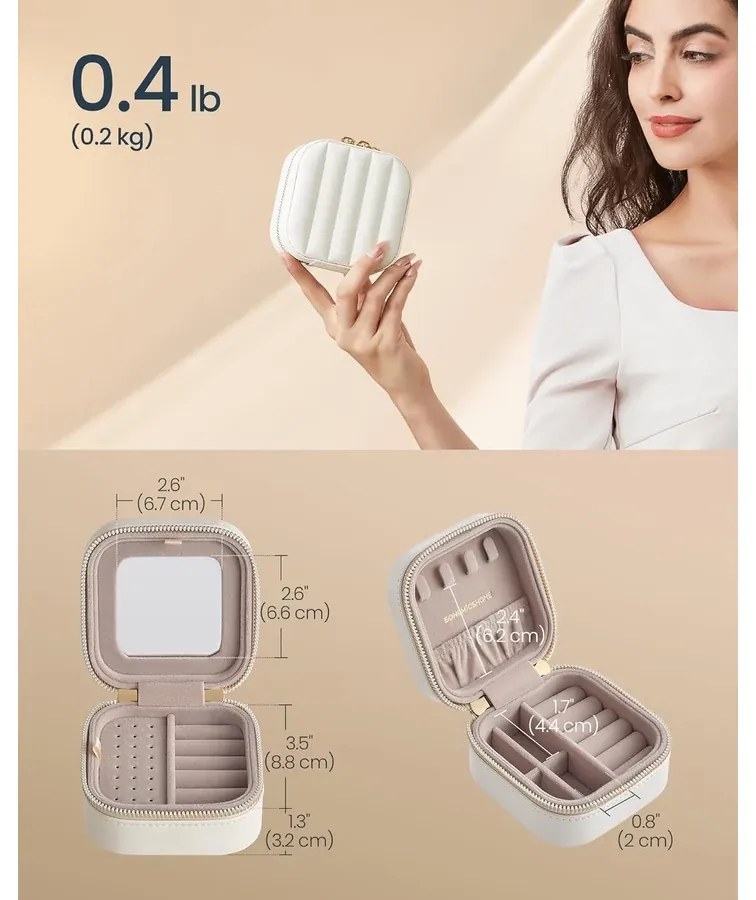 Utazó ékszertok, kis ékszerdoboz-rendező tükörrel, 10,5 x 6 x 10,5 cm,felhő fehér