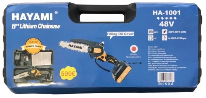 Akkus 15 cm-es láncfűrész HAYAMI HA-1001 + 2 db akkumulátor + tartozékok